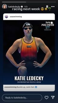 Katie Ledecky expresses anticipation about racing at TYR Pro Swim Florida; Instagram - @katieledecky